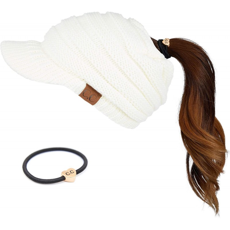 Skullies & Beanies Messy Bun Ponytail Visor Brim Beanie Hat Bundle Hair Tie (MB-131) - Ivory - With Cc Ponytail Holder - C918...