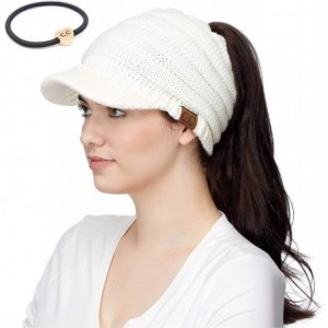 Skullies & Beanies Messy Bun Ponytail Visor Brim Beanie Hat Bundle Hair Tie (MB-131) - Ivory - With Cc Ponytail Holder - C918...