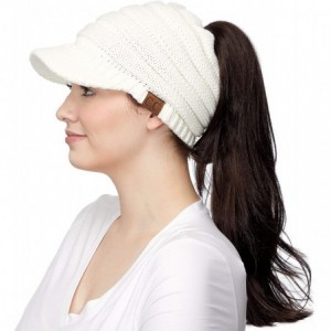 Skullies & Beanies Messy Bun Ponytail Visor Brim Beanie Hat Bundle Hair Tie (MB-131) - Ivory - With Cc Ponytail Holder - C918...