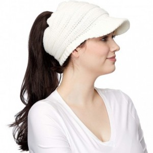 Skullies & Beanies Messy Bun Ponytail Visor Brim Beanie Hat Bundle Hair Tie (MB-131) - Ivory - With Cc Ponytail Holder - C918...