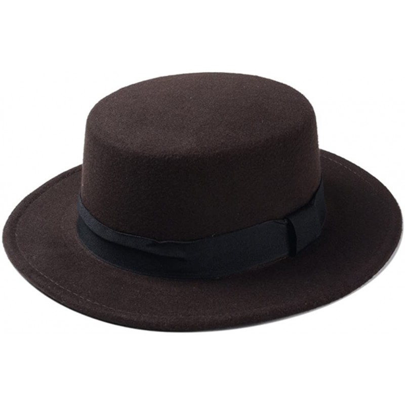 Fedoras Women Boater Hat Bowler Sailor Wide Brim Flat Top Caps Wool Blend - Coffee - CX184HM8IYM $21.71