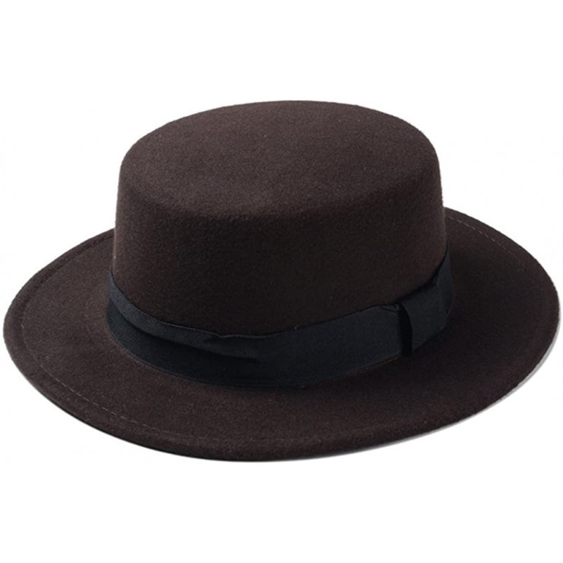 Fedoras Women Boater Hat Bowler Sailor Wide Brim Flat Top Caps Wool Blend - Coffee - CX184HM8IYM $10.29