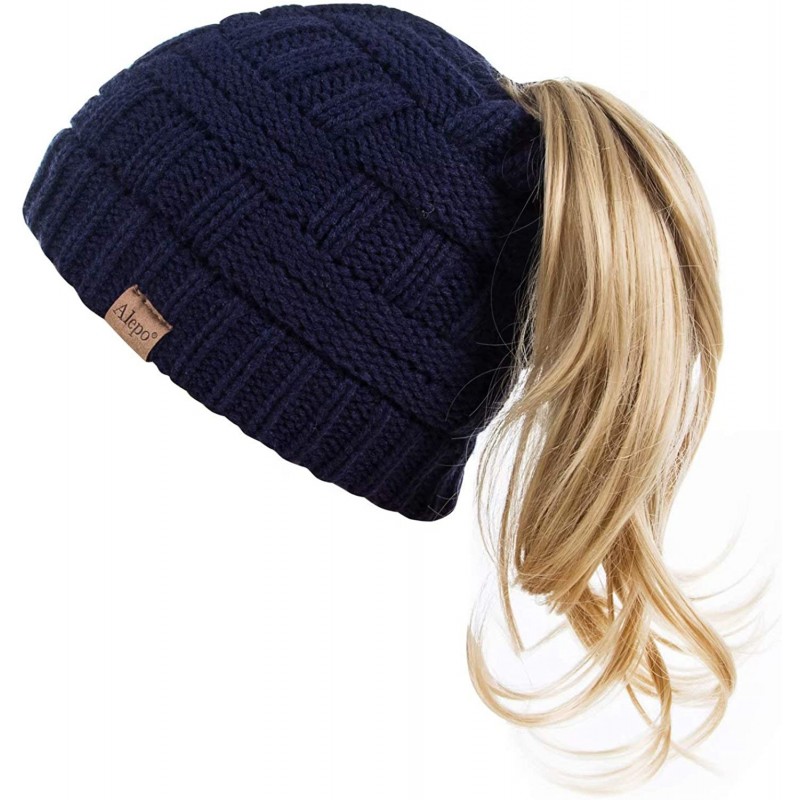 Skullies & Beanies Womens High Messy Bun Beanie Hat with Ponytail Hole- Winter Warm Trendy Knit Ski Skull Cap - Navy - CK18X9...