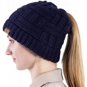 Skullies & Beanies Womens High Messy Bun Beanie Hat with Ponytail Hole- Winter Warm Trendy Knit Ski Skull Cap - Navy - CK18X9...