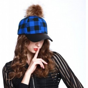 Baseball Caps Buffalo Plaid Baseball Caps with Fuax Fur Pom Pom - Royal - CH12MAKEKSU $19.03