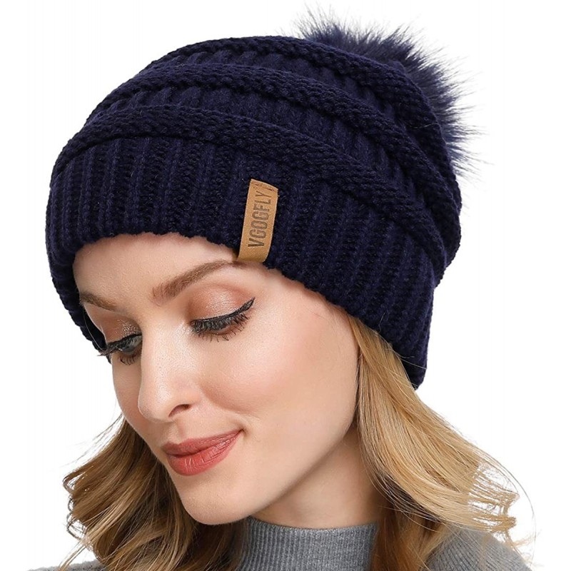 Skullies & Beanies Slouchy Beanie for Women Winter Hats Knit Warm Skull Ski Cap Faux Fur Pom Pom Hat Warm Ski Baggy Cap - CF1...