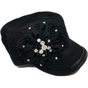 Baseball Caps Womens Rhinestone Fabric Flower Military Cadet Hat - Black - CG17XQ6RM0L $89.89