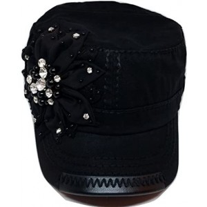 Baseball Caps Womens Rhinestone Fabric Flower Military Cadet Hat - Black - CG17XQ6RM0L $43.90