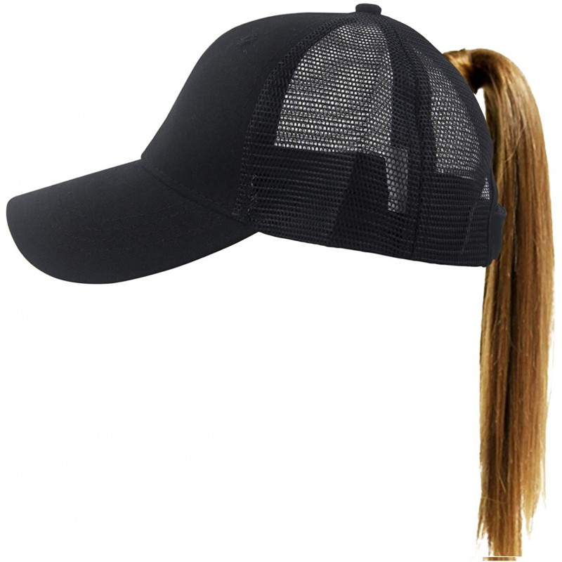 Baseball Caps Women's Ponytail Baseball Cap Messy High Bun Adjustable Plain Trucker Dad Hat - Mesh-black - CE18NIINYZU $9.74