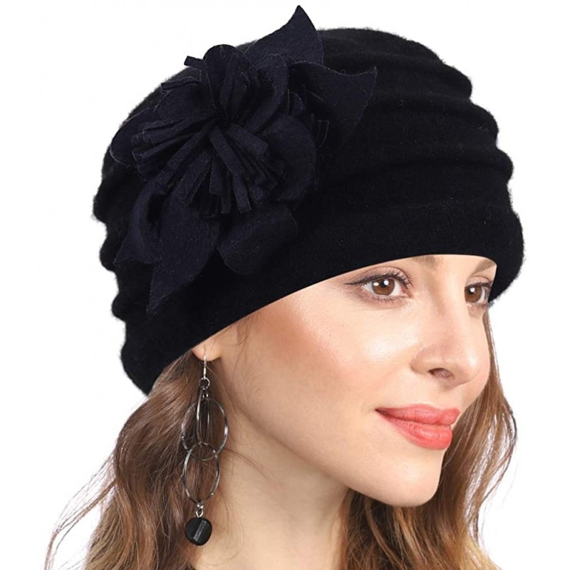 Berets Women's Winter Warm 100% Wool Beret Beanie Cloche Bucket Hat - Bow Black - CC18YCE7SN8 $41.11