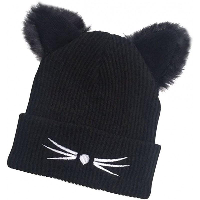 Balaclavas Women's Winter Hat Cat Ear Crochet Braided Knit Caps with Double Pom Pom Cat Ears for Women Girls Black - CD187IMK...