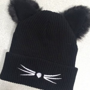 Balaclavas Women's Winter Hat Cat Ear Crochet Braided Knit Caps with Double Pom Pom Cat Ears for Women Girls Black - CD187IMK...