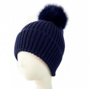 Skullies & Beanies Fox Pom Knit Hat - Removable Pom Pom Fur Ski Style Hat - Warm Winter Fashion - Navy - CV18H4KUM03 $51.25