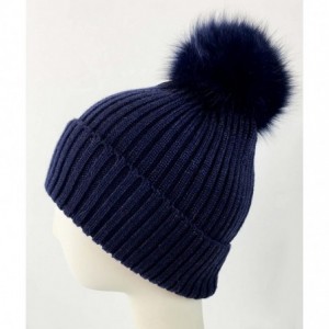 Skullies & Beanies Fox Pom Knit Hat - Removable Pom Pom Fur Ski Style Hat - Warm Winter Fashion - Navy - CV18H4KUM03 $51.25