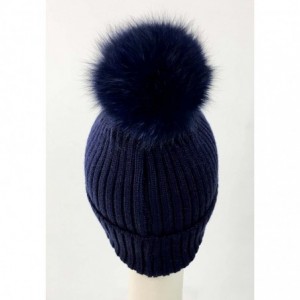 Skullies & Beanies Fox Pom Knit Hat - Removable Pom Pom Fur Ski Style Hat - Warm Winter Fashion - Navy - CV18H4KUM03 $51.25