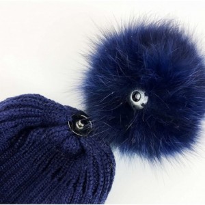 Skullies & Beanies Fox Pom Knit Hat - Removable Pom Pom Fur Ski Style Hat - Warm Winter Fashion - Navy - CV18H4KUM03 $51.25