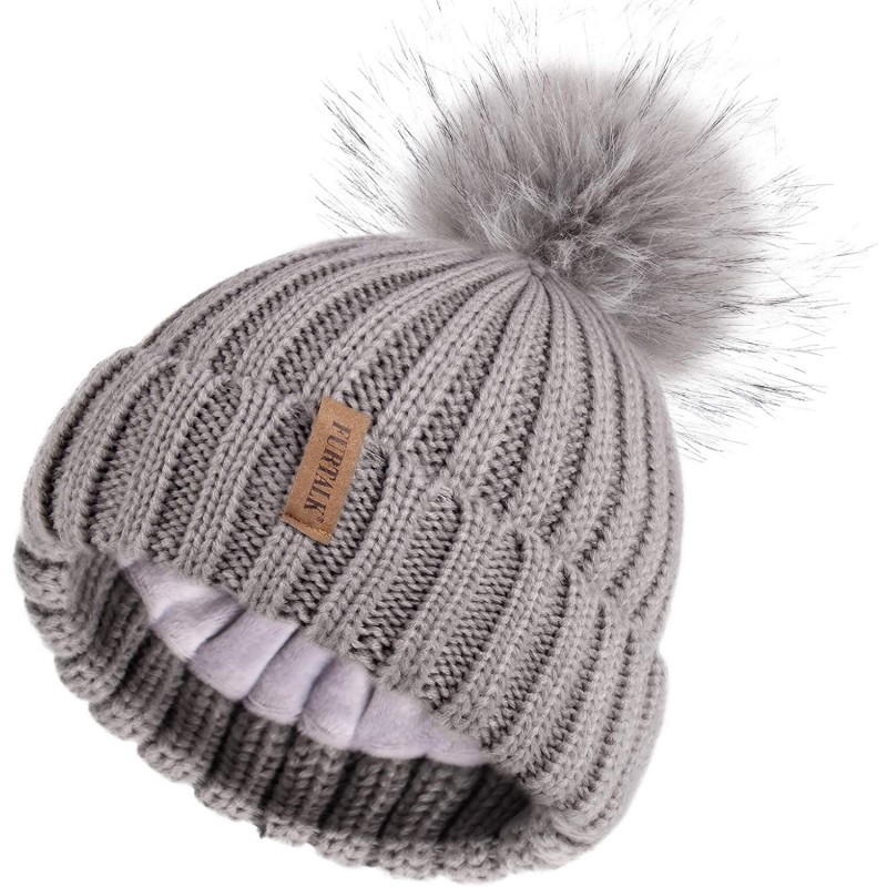 Skullies & Beanies Womens Winter Knitted Beanie Hat with Faux Fur Pom Fleece Lined Warm Beanie for Women - 06-fog Gray - CV18...