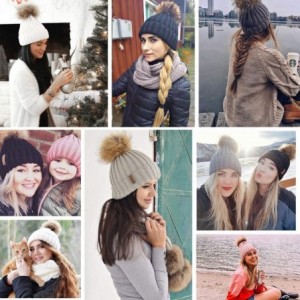Skullies & Beanies Womens Winter Knitted Beanie Hat with Faux Fur Pom Fleece Lined Warm Beanie for Women - 06-fog Gray - CV18...