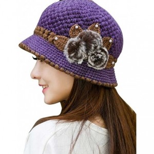 Bomber Hats Women Color Winter Hat Crochet Knitted Flowers Decorated Ears Cap with Visor - Purple - C818LH4CX4T $7.96