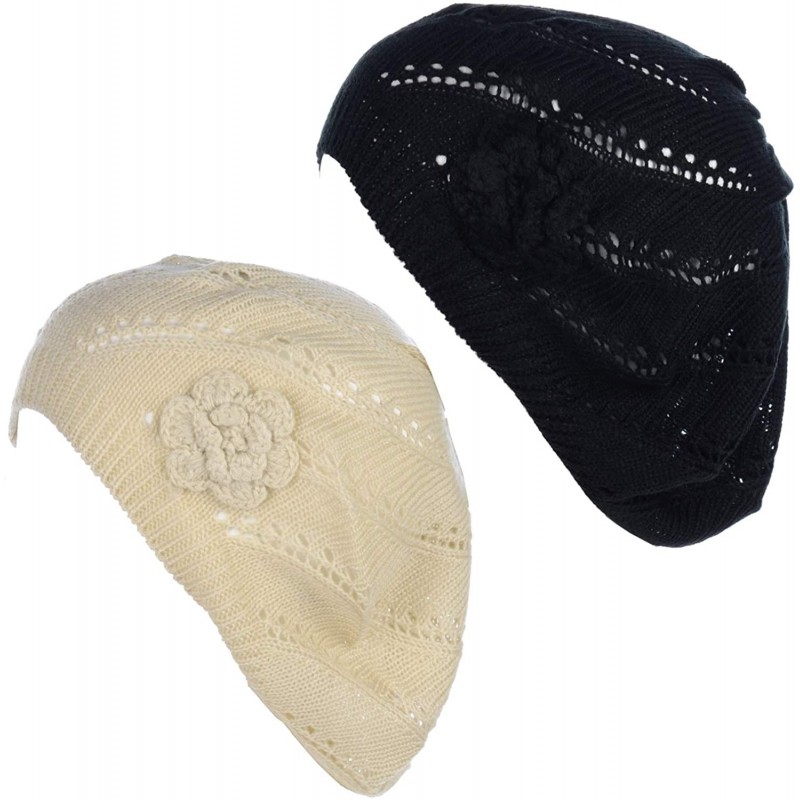 Berets Open Weave Womens Crochet Mesh Beanie Hat Flower Fashion Soft Knit Beret Cap - 2679bkbge - CY194WTQ685 $28.62
