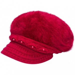 Berets Fashion Women's Warm Thicken Wool Berets Hat Winter Plush Pearl Knit Wide Wide-Brimmed Hat Cap - Red - CL192ZQHKD9 $22.96