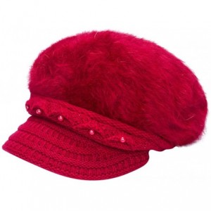 Berets Fashion Women's Warm Thicken Wool Berets Hat Winter Plush Pearl Knit Wide Wide-Brimmed Hat Cap - Red - CL192ZQHKD9 $9.67