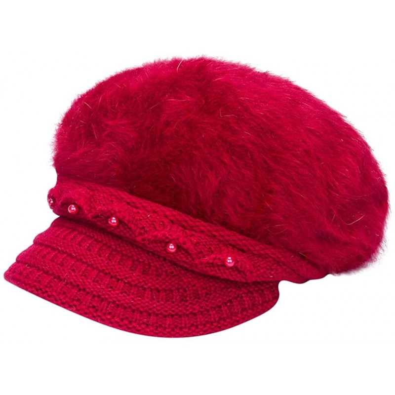 Berets Fashion Women's Warm Thicken Wool Berets Hat Winter Plush Pearl Knit Wide Wide-Brimmed Hat Cap - Red - CL192ZQHKD9 $9.67