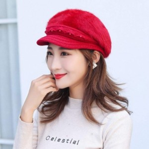 Berets Fashion Women's Warm Thicken Wool Berets Hat Winter Plush Pearl Knit Wide Wide-Brimmed Hat Cap - Red - CL192ZQHKD9 $9.67