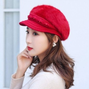 Berets Fashion Women's Warm Thicken Wool Berets Hat Winter Plush Pearl Knit Wide Wide-Brimmed Hat Cap - Red - CL192ZQHKD9 $9.67