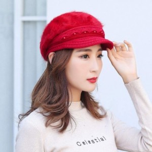 Berets Fashion Women's Warm Thicken Wool Berets Hat Winter Plush Pearl Knit Wide Wide-Brimmed Hat Cap - Red - CL192ZQHKD9 $9.67