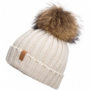 Skullies & Beanies Women Winter Knitted Beanie Hat with Fur Pom Bobble Hat Skull Beanie for Women - Beige( Gold Pompom) - C01...