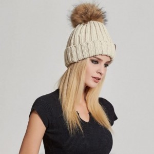 Skullies & Beanies Women Winter Knitted Beanie Hat with Fur Pom Bobble Hat Skull Beanie for Women - Beige( Gold Pompom) - C01...