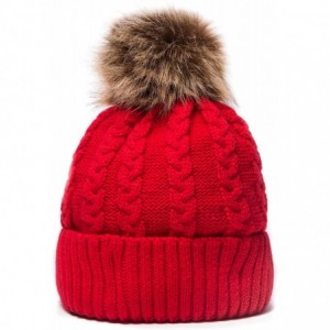 Skullies & Beanies Womens Winter Knit Slouchy Beanie Hat Warm Skull Ski Cap Faux Fur Pompom Hats for Women - Red - C318ZUWH0N...