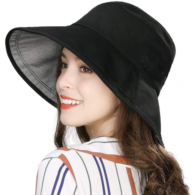 Bucket Hats Womens UPF50+ Summer Sunhat Bucket Packable Wide Brim Hats w/Chin Cord - 00021_black - C218RZTZK8C $18.37