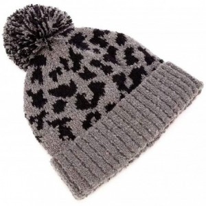 Skullies & Beanies Soft Fall Winter Knit Leopard Beanie Cap Big Pompom Hat for Women - Grey - CG18YYT80OR $17.22
