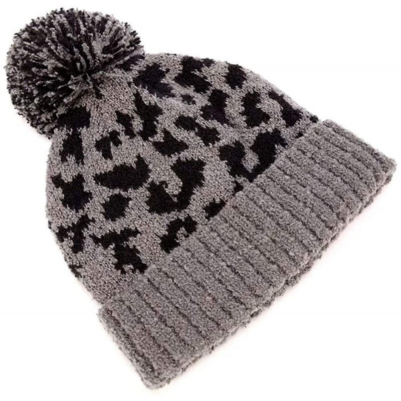 Skullies & Beanies Soft Fall Winter Knit Leopard Beanie Cap Big Pompom Hat for Women - Grey - CG18YYT80OR $11.09