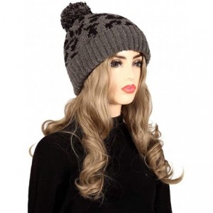Skullies & Beanies Soft Fall Winter Knit Leopard Beanie Cap Big Pompom Hat for Women - Grey - CG18YYT80OR $11.09