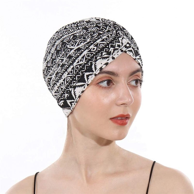 Skullies & Beanies Women's Cotton Turban Elastic Beanie Printing Sleep Bonnet Chemo Cap Hair Loss Hat - Black - CK18RQ33A5K $...