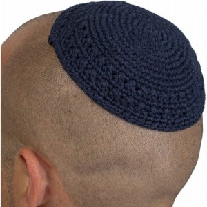 Skullies & Beanies Classic Knitted 17 cm Navy Blue Cotton Kippah Jewish Traditional Kippa Yarmulke Round - CF12CQ9U9N7 $8.88