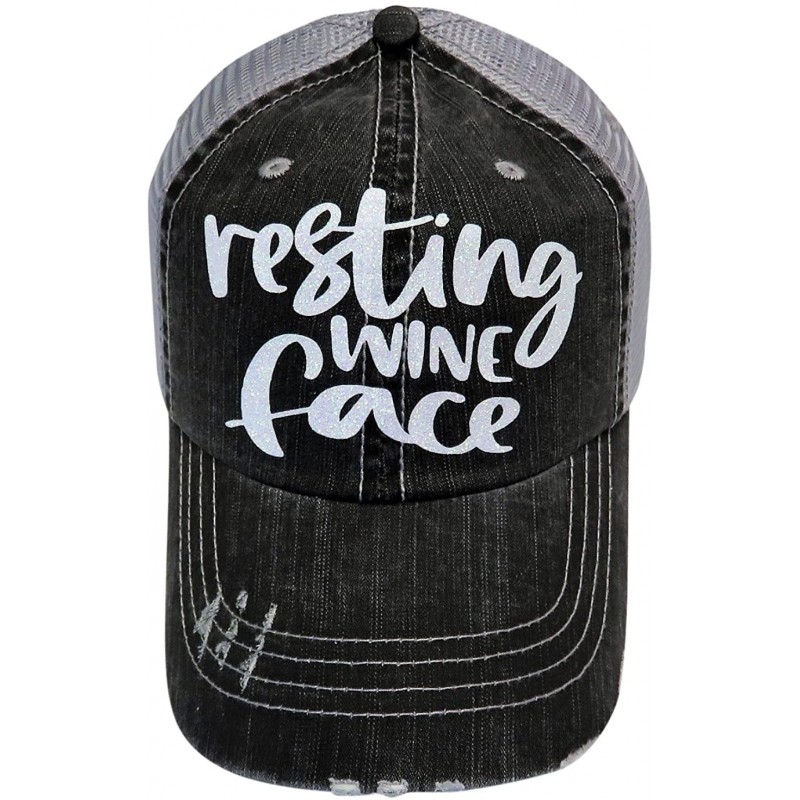 Baseball Caps White Glitter Resting Wine Face Distressed Look Grey Trucker Cap Hat - C0186LRRN6T $17.22