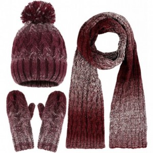 Skullies & Beanies Adult Women's 3 Piece Winter Set - Pompom Beanie Hat- Scarf- Mittens - Burgundy/Begie Gloves No Lined - C8...