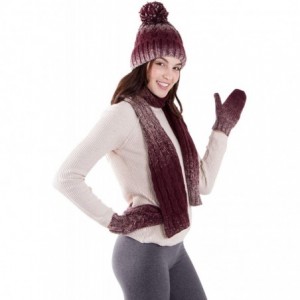 Skullies & Beanies Adult Women's 3 Piece Winter Set - Pompom Beanie Hat- Scarf- Mittens - Burgundy/Begie Gloves No Lined - C8...