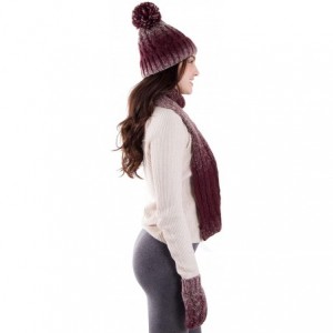 Skullies & Beanies Adult Women's 3 Piece Winter Set - Pompom Beanie Hat- Scarf- Mittens - Burgundy/Begie Gloves No Lined - C8...