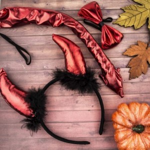 Headbands Red Fluffy Devil Ears Stretch Headband Bowtie Bendable Tail Halloween Holloween Costume - Red - CL1867N8O4D $11.21