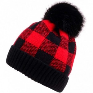 Skullies & Beanies Winter Soft Stretch Buffalo Plaid Cuff Beanie Hat Thick Chunky Warm Knit Skull Ski Cap - 1 Black/Red - CG1...