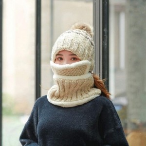 Skullies & Beanies Fleece Lined Knit Beanie Scarf Mouth Mask Set for Girl and Women Winter Ski Hat with Pompom - CU18ZE5IRXZ ...
