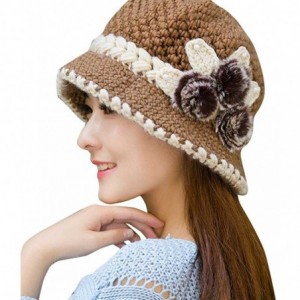 Skullies & Beanies Fashion Women Lady Winter Warm Crochet Knitted Flowers Decorated Ears Hat - Khaki - CS186UZYNG6 $19.22