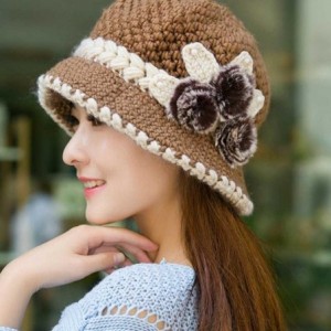 Skullies & Beanies Fashion Women Lady Winter Warm Crochet Knitted Flowers Decorated Ears Hat - Khaki - CS186UZYNG6 $11.63