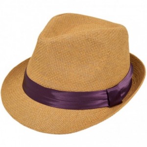 Fedoras Classic Tan Fedora Straw Hat with Ribbon Band - Diff Color Band Avail - Dark Purple Band - CK11LGBBY8B $9.14