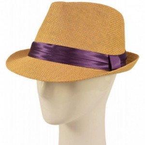 Fedoras Classic Tan Fedora Straw Hat with Ribbon Band - Diff Color Band Avail - Dark Purple Band - CK11LGBBY8B $9.14